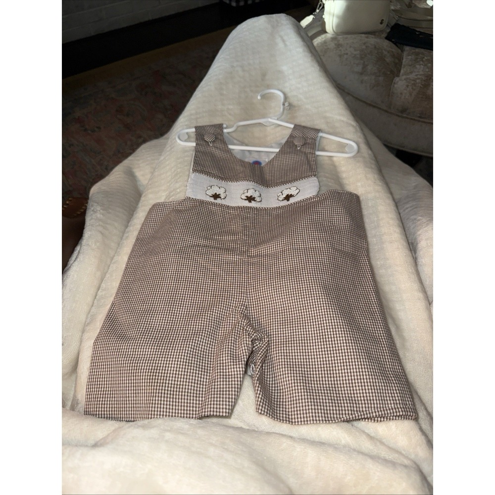 Lures And Laces Smocked  Cotton Brown Check Shorts Romper Jon Jon Size 18mths